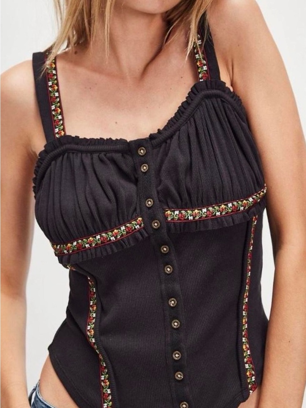 Free People Black Embroidered Button-Front Camisole